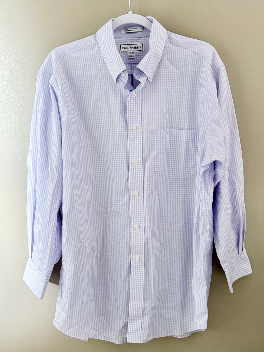 Paul Fredrick Dress Shirt 16.5 32 Tailored Fit Purple White Gingham Easy Care